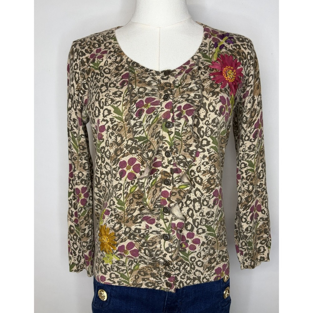 Anthropologie Sparrow Purrfect Posy Cardigan M Leopard Floral Ribbon Wool